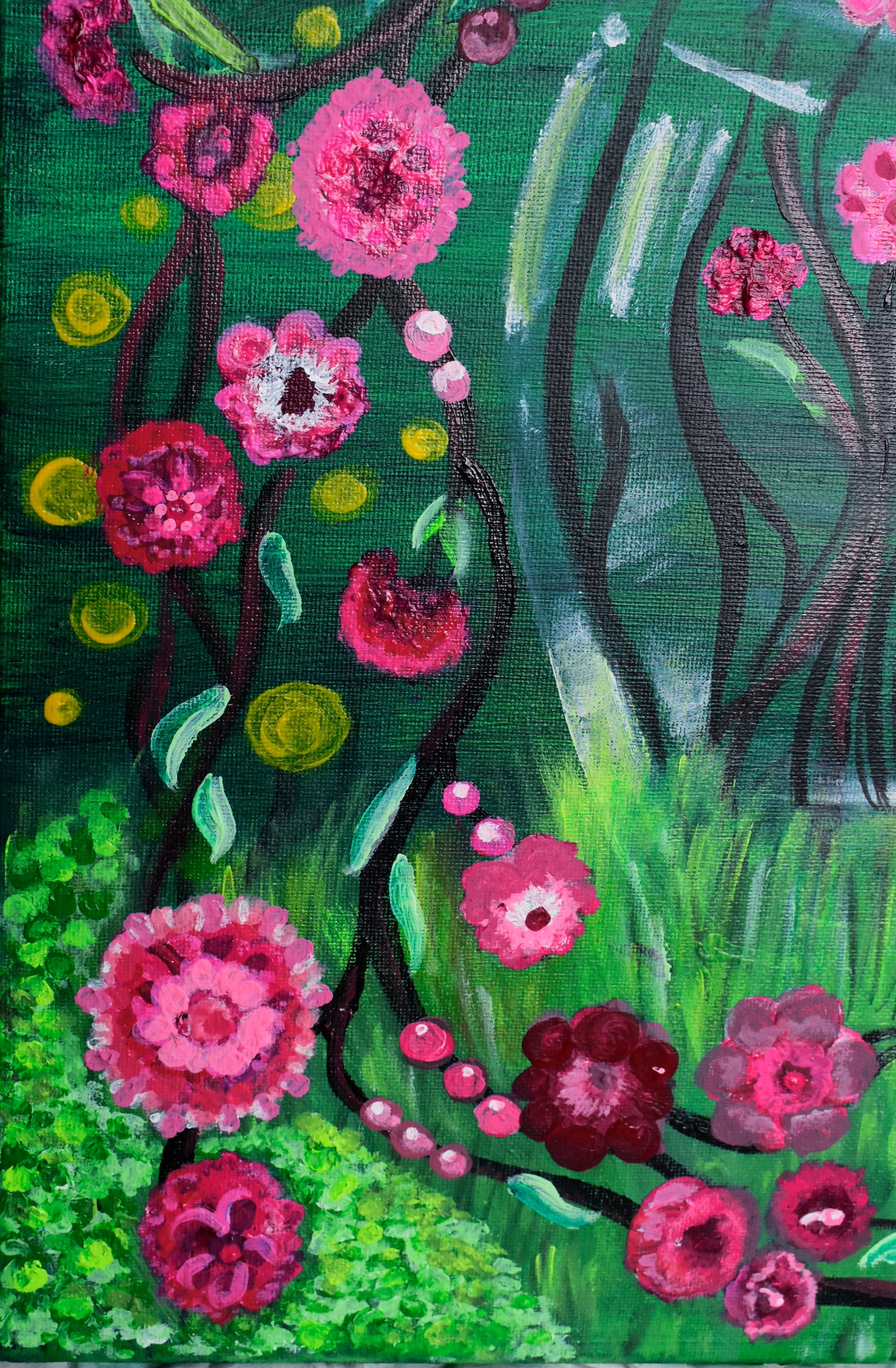 "Midnight Wildflowers"(16x20 Acrylic Painting of Deep Pink Flowers Against Vivid Green Grass))
