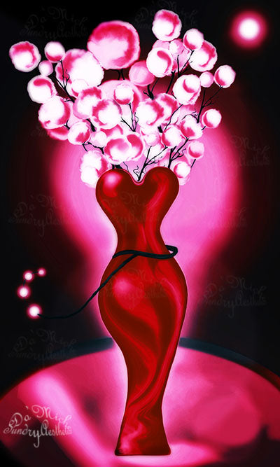 Calliandra in Feminine Glass Vase – Digital Art Print (Blue, Red, or Yellow)