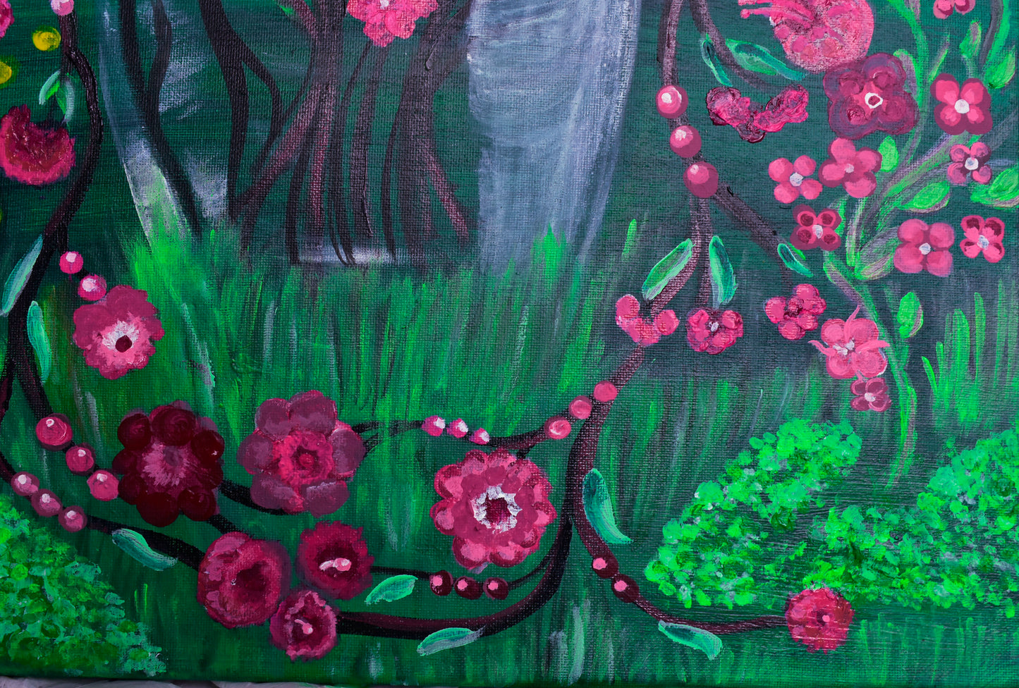 "Midnight Wildflowers"(16x20 Acrylic Painting of Deep Pink Flowers Against Vivid Green Grass))