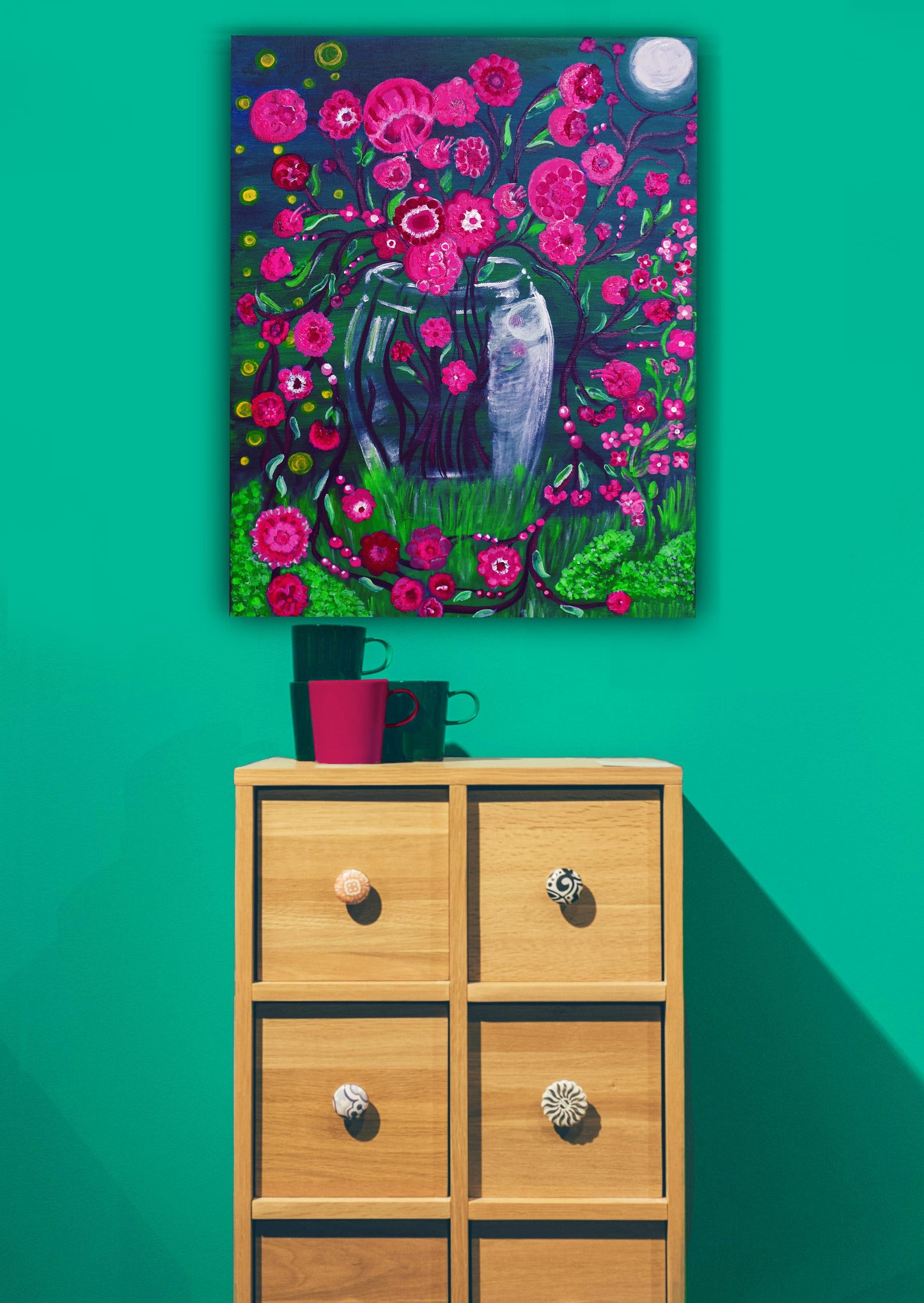 "Midnight Wildflowers"(16x20 Acrylic Painting of Deep Pink Flowers Against Vivid Green Grass))