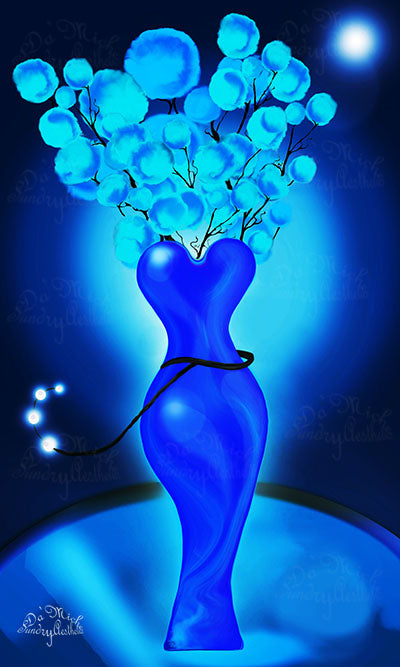 Calliandra in Feminine Glass Vase – Digital Art Print (Blue, Red, or Yellow)