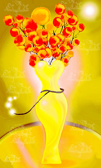 Calliandra in Feminine Glass Vase – Digital Art Print (Blue, Red, or Yellow)