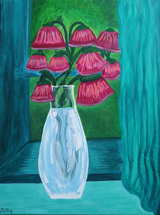 "Quiet Glory"(16x20 Acrylic Painting with Burgundy Bell Shaped Flowers and Shades of Blue)