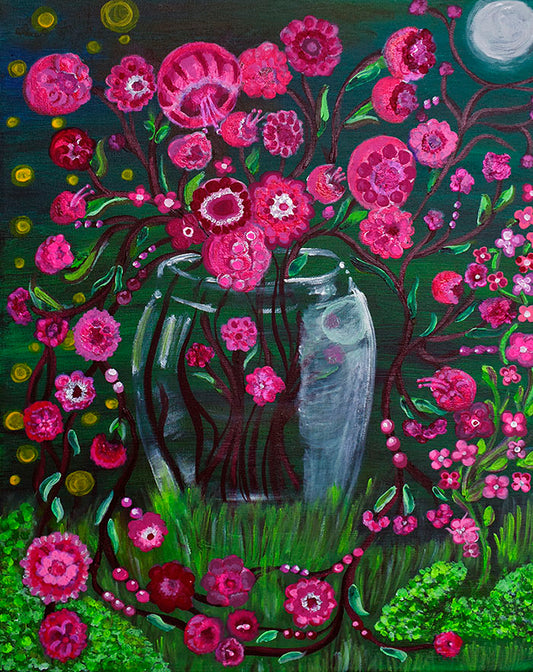 "Midnight Wildflowers"(16x20 Acrylic Painting of Deep Pink Flowers Against Vivid Green Grass))
